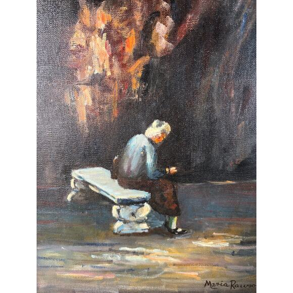 Vintage Original Oil Painting by Maria Rawson – Elderly Woman on Bench – Framed - Picture 2 of 4
